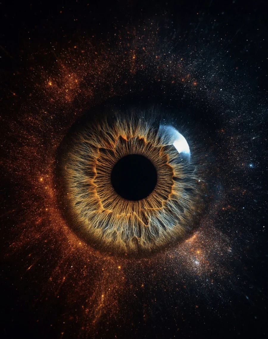 Iride umana su sfondo cosmico stellato — il simbolo visivo di EyeCube